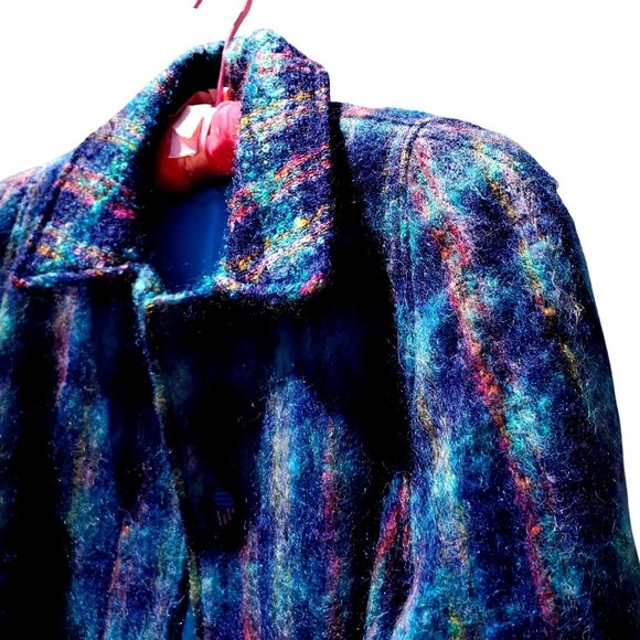 Vintage 1980s Mohair Blue Tweed Plaid Car Coat Plus Size Volup Jacket 22 - Picture 2 of 12